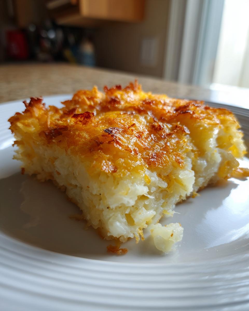 A square slice of creamy hashbrown casserole with a golden, cheesy, crispy top, served on a white plate.