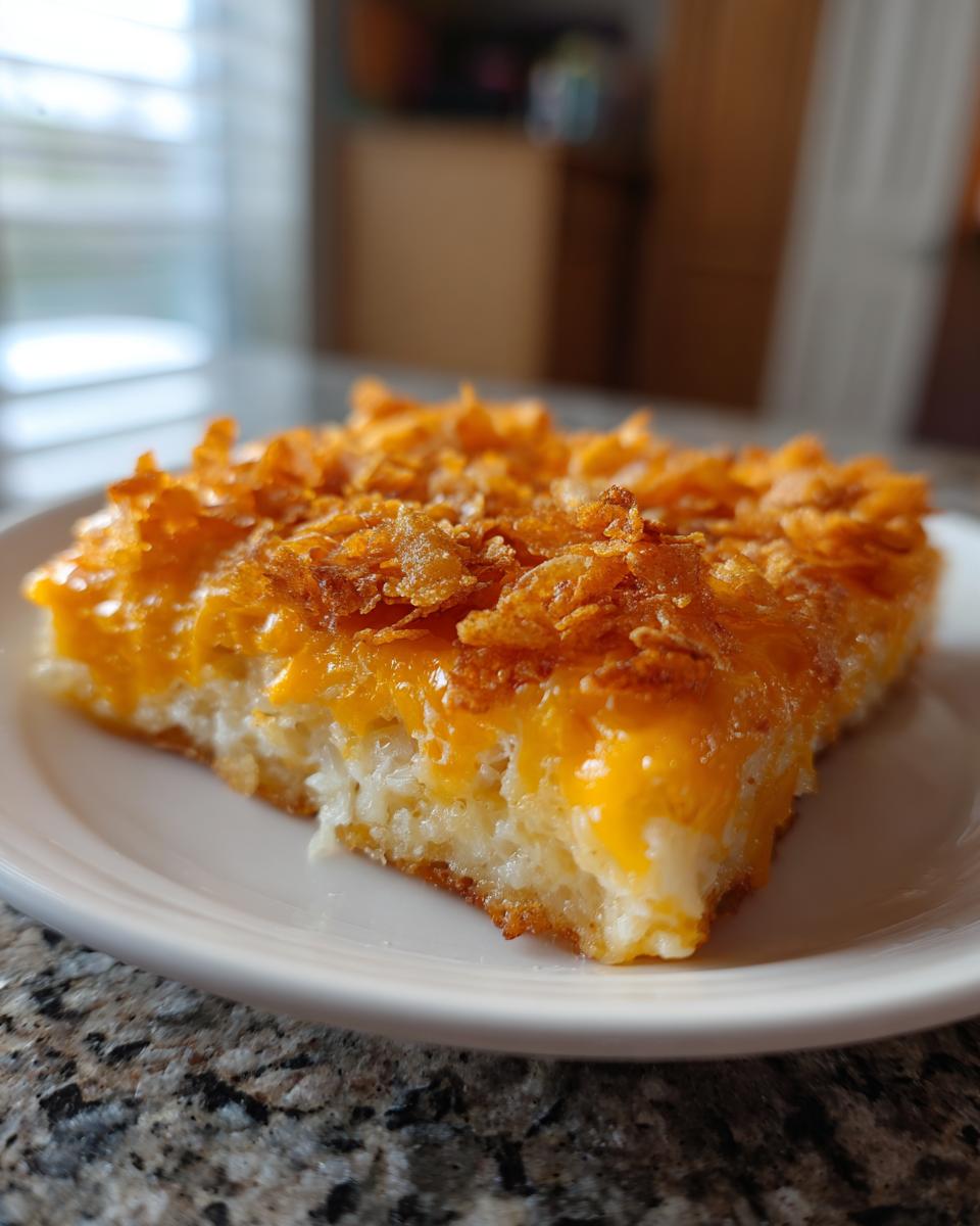 A close-up of a square slice of cheesy hashbrown casserole topped with crispy cornflakes, served on a white plate.