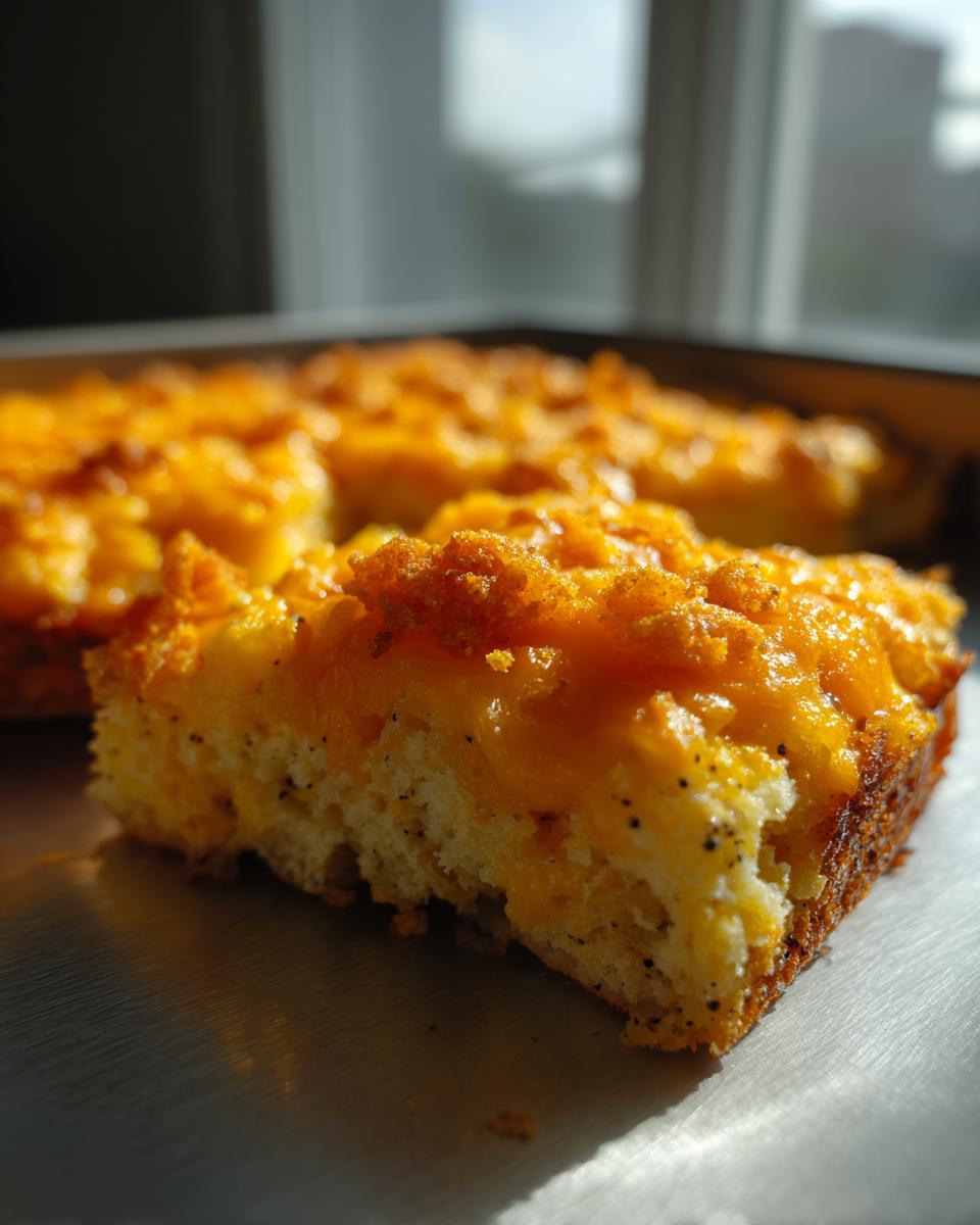 Close-up of a square slice of creamy hashbrown casserole topped with melted orange cheddar cheese.