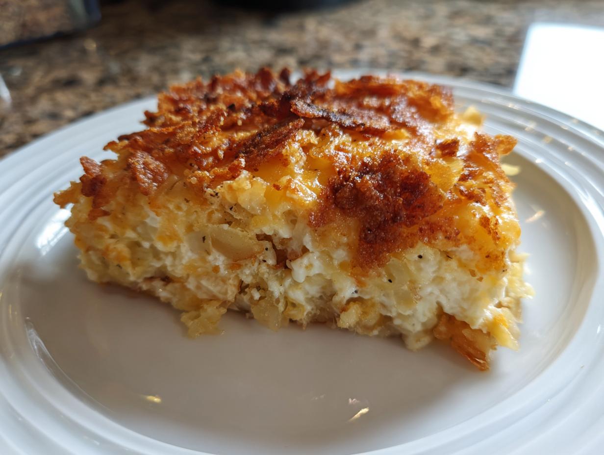 A close-up slice of creamy hashbrown casserole featuring a golden-brown, crispy topping served on a white plate.