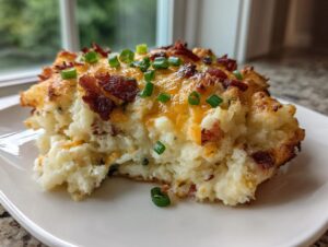 A generous serving of baked mashed potato casserole topped with melted cheddar cheese, crispy bacon, and fresh green onions.
