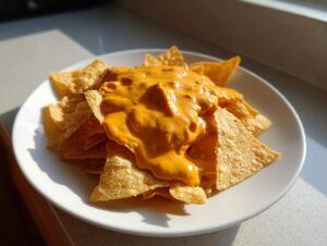 A white plate piled high with tortilla chips generously covered in bright orange homemade nacho cheese sauce.
