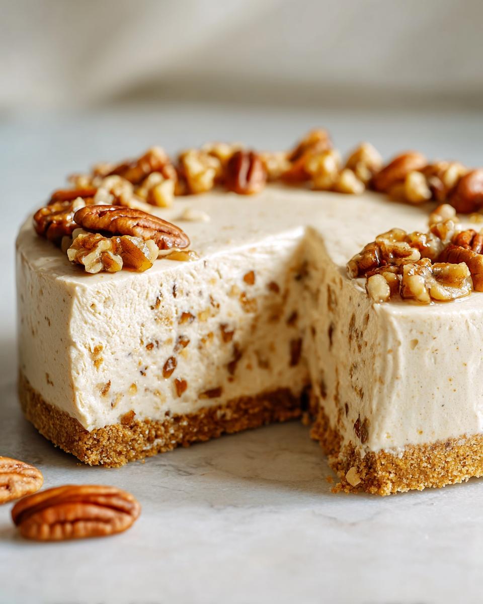 A slice removed from a round no-bake Pecan cream pie with a graham cracker crust and pecan filling, topped with whole pecans.