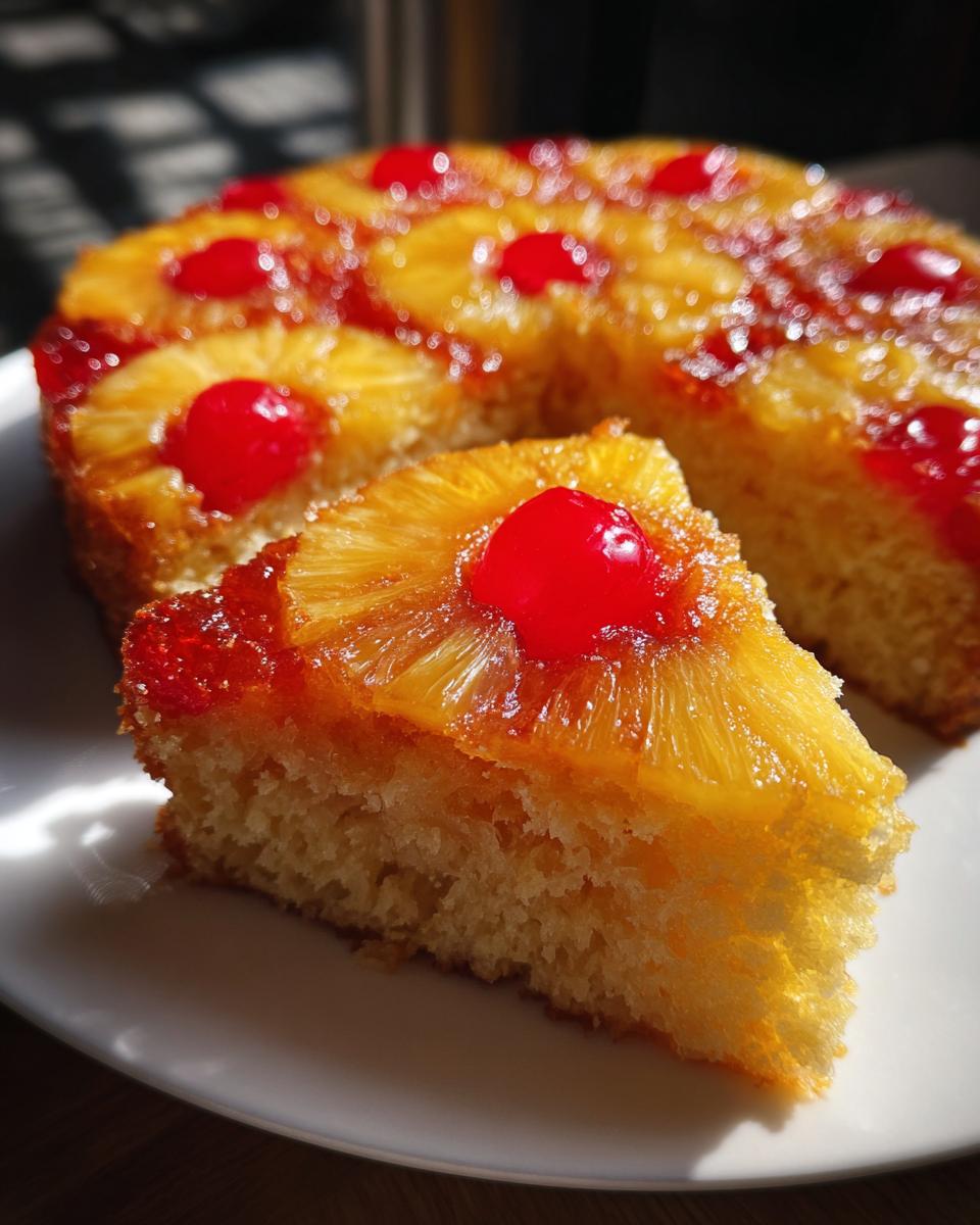 A slice of moist pineapple upside down cake topped with caramelized pineapple rings and a bright red cherry.
