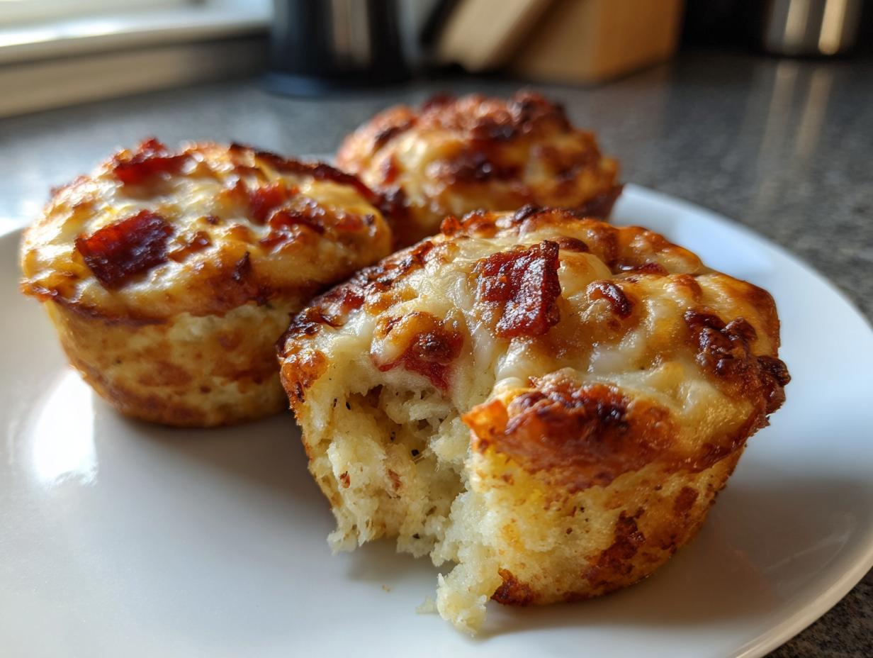 Three freshly baked pizza muffins on a white plate, one with a bite taken out showing the soft interior.
