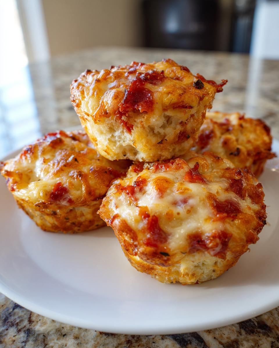 A stack of four freshly baked pizza muffins topped with melted cheese and pepperoni pieces.