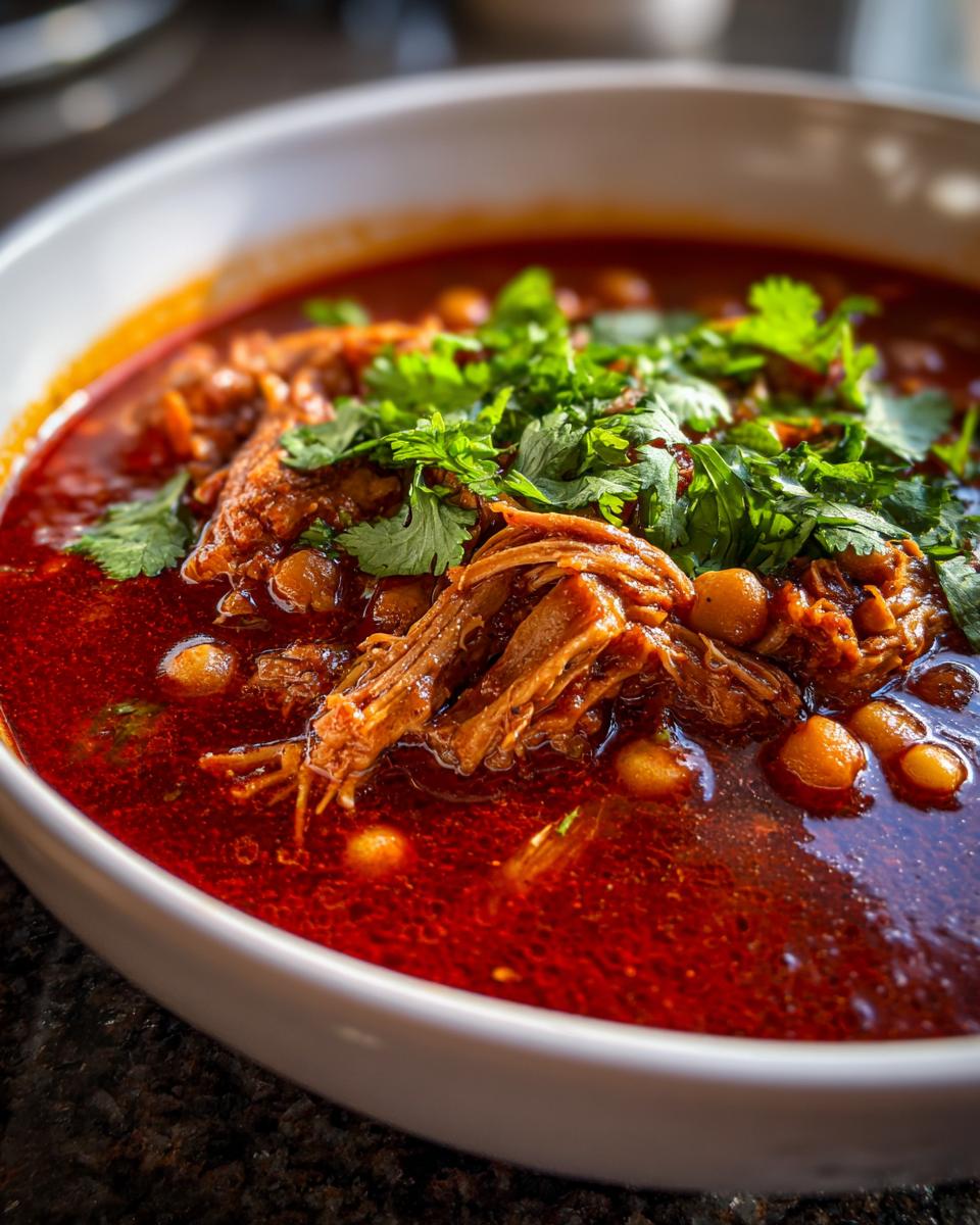Close-up of a bowl of amazing Pozole rojo featuring shredded meat, hominy, and fresh cilantro garnish.