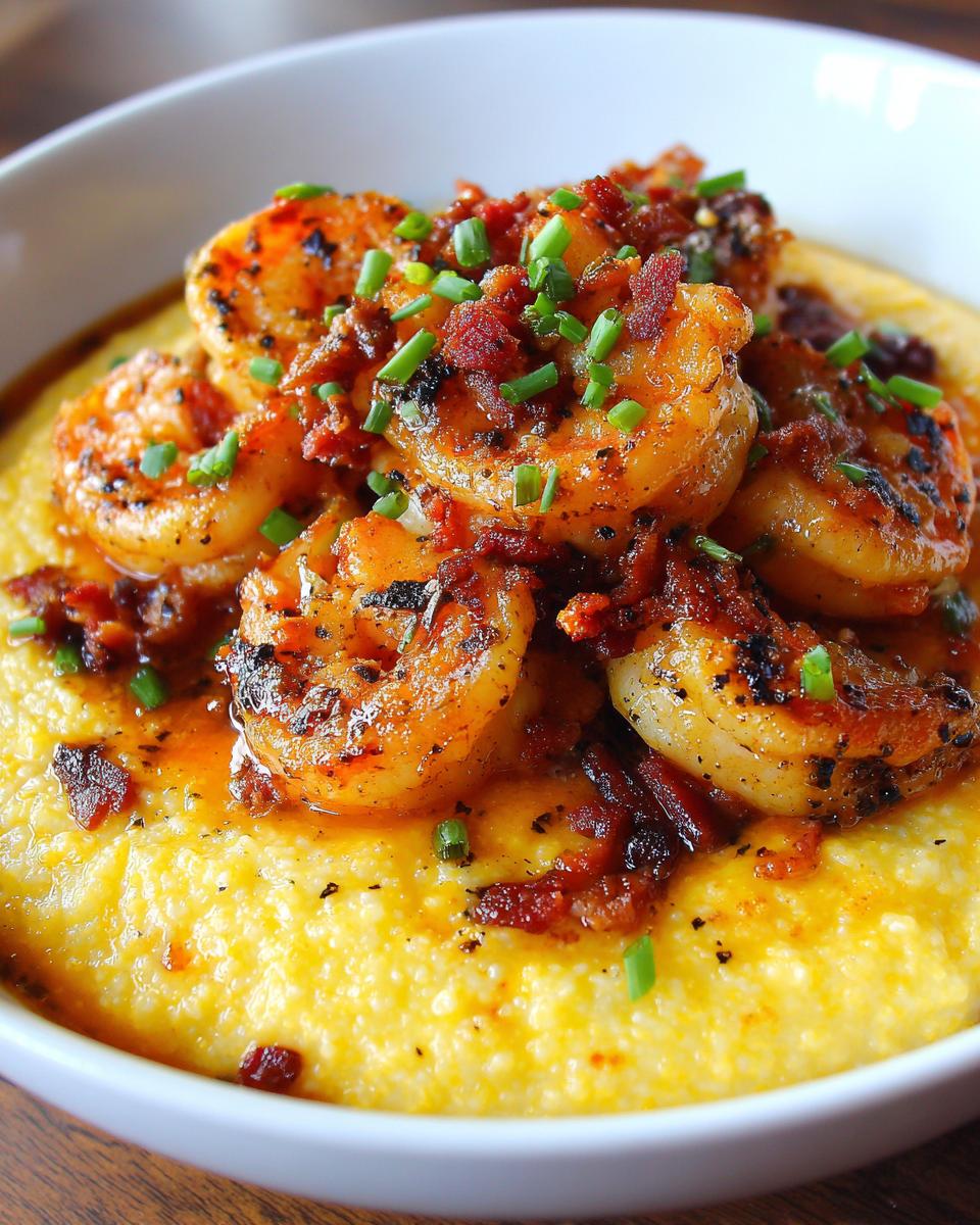 A close-up of creamy yellow shrimp and grits topped with seasoned shrimp, bacon bits, and fresh chives.