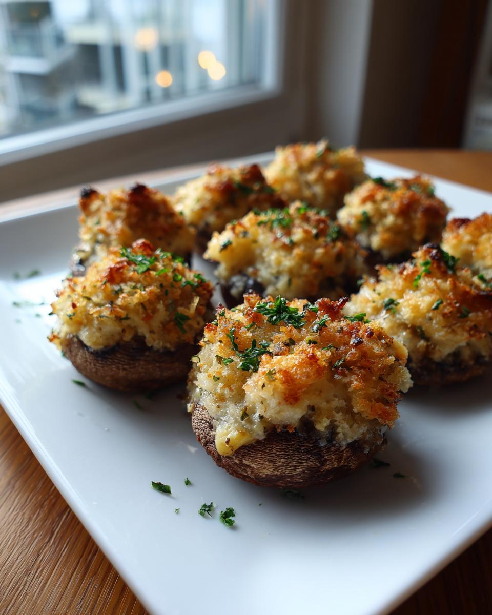 A plate of perfectly baked stuffed mushrooms with golden, crispy topping and fresh parsley garnish.