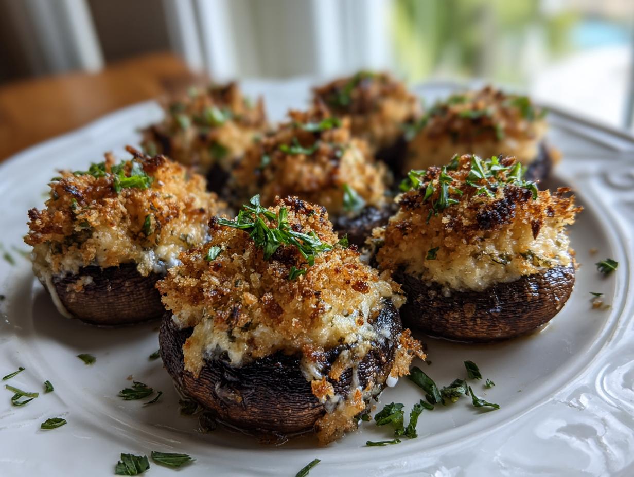 A plate of freshly baked stuffed mushrooms with a golden, crispy breadcrumb topping and fresh parsley garnish.