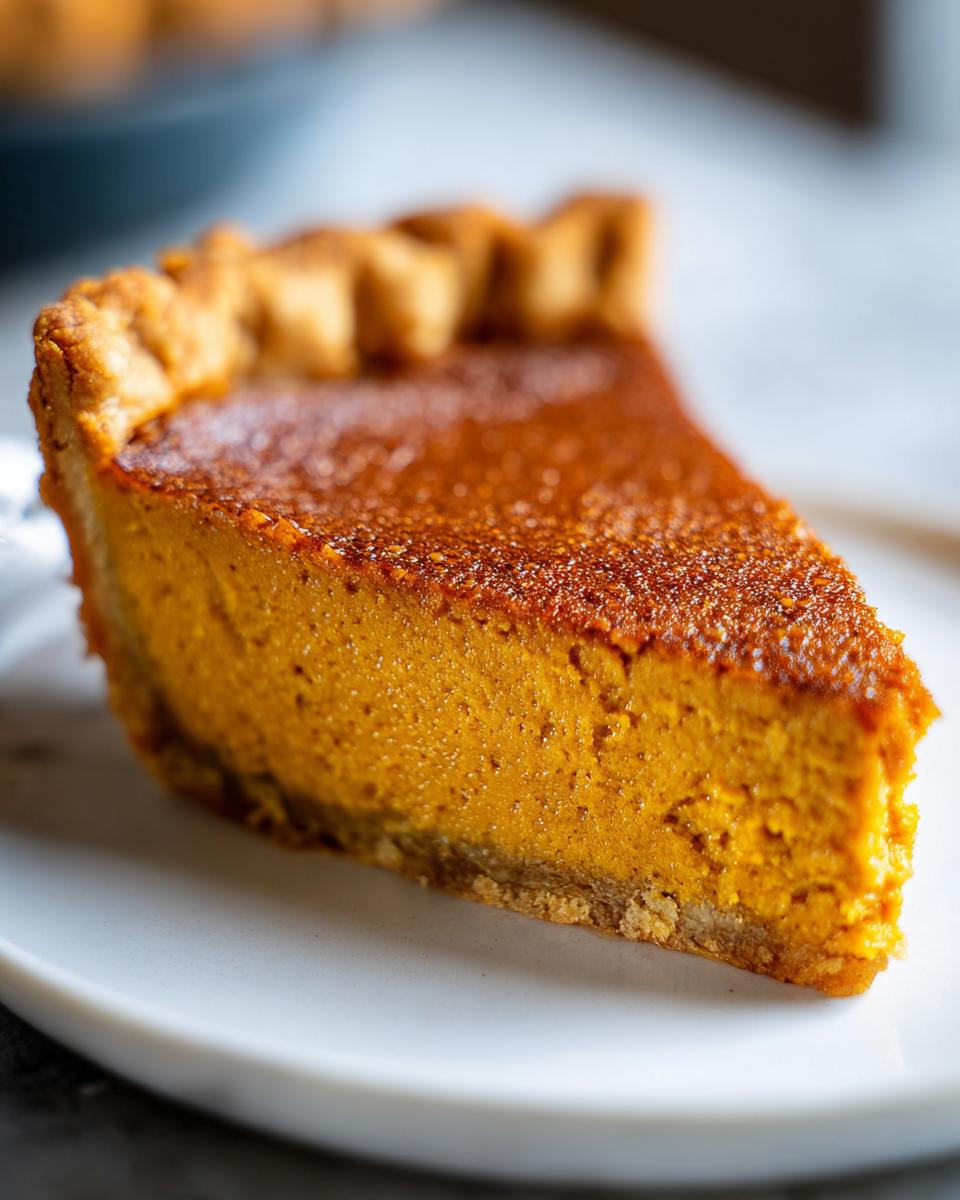 A close-up slice of rich orange sweet potato pie resting on a white plate, showing a textured crust.