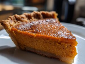 Close-up of a thick slice of rich, orange sweet potato pie on a white plate.