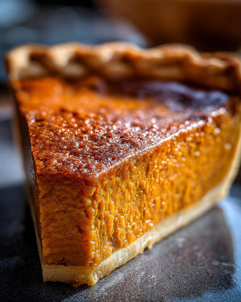 A close-up, dramatically lit slice of rich orange Sweet Potato Pie with a flaky crust.