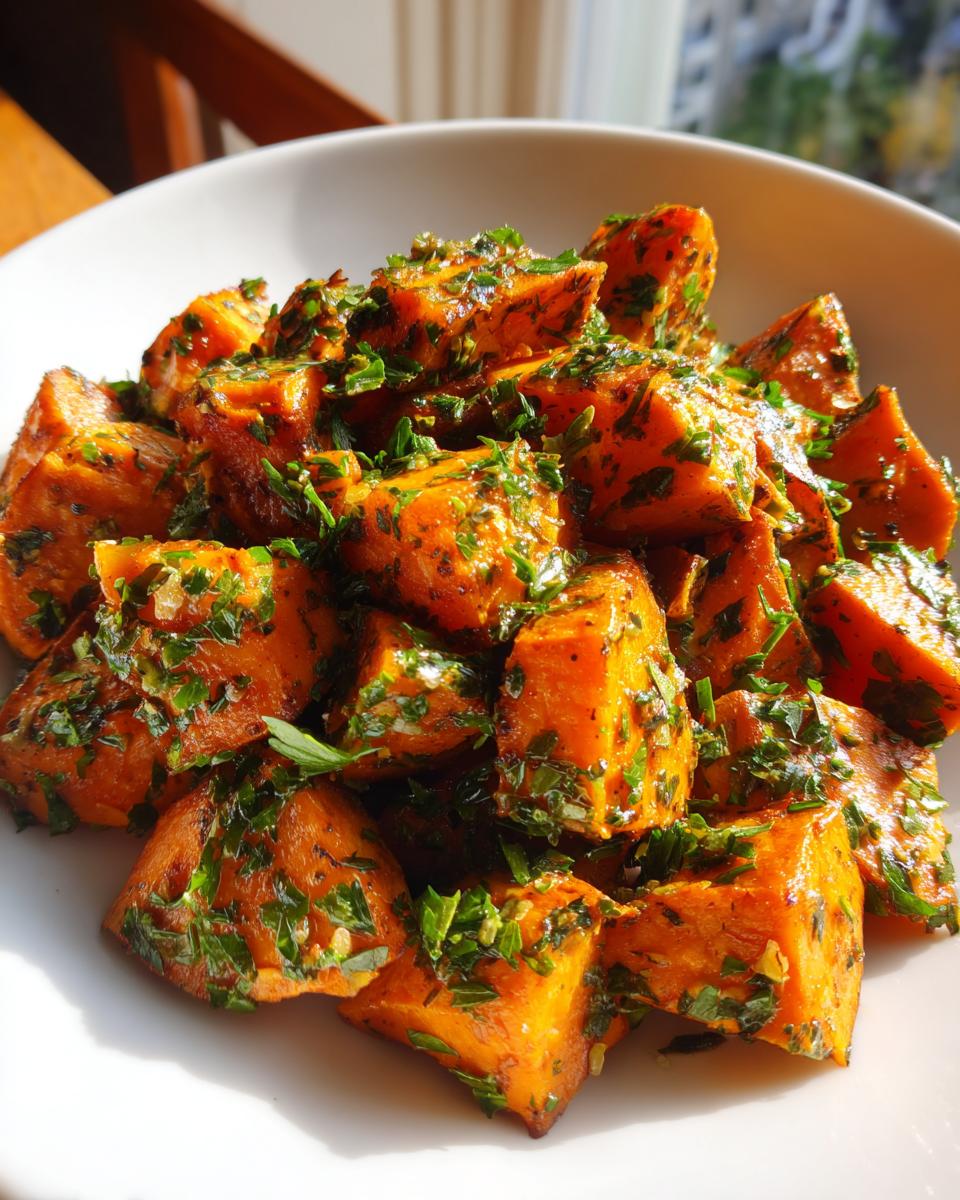 Close-up of roasted sweet potato salad chunks tossed with fresh green herbs in a white bowl.