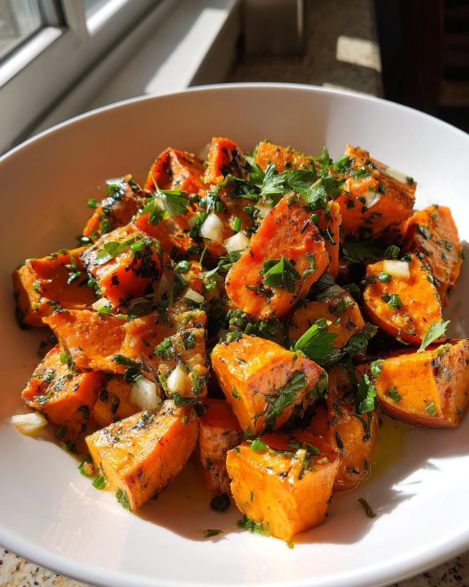 Close-up of vibrant orange roasted sweet potato salad chunks tossed with fresh parsley and herbs in a white bowl.