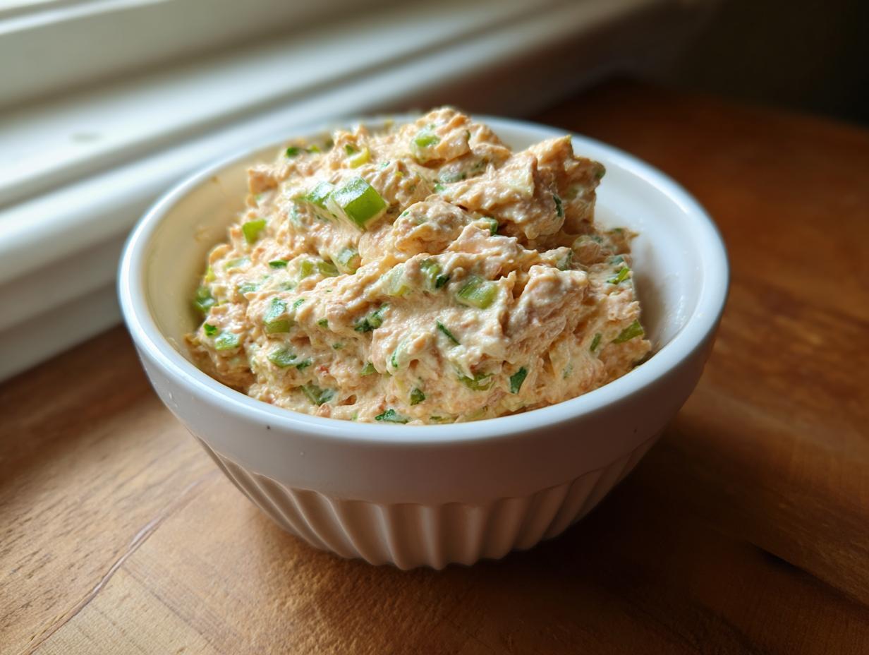 A close-up of creamy, orange-tinted tuna dip mixed with green celery pieces in a white bowl.