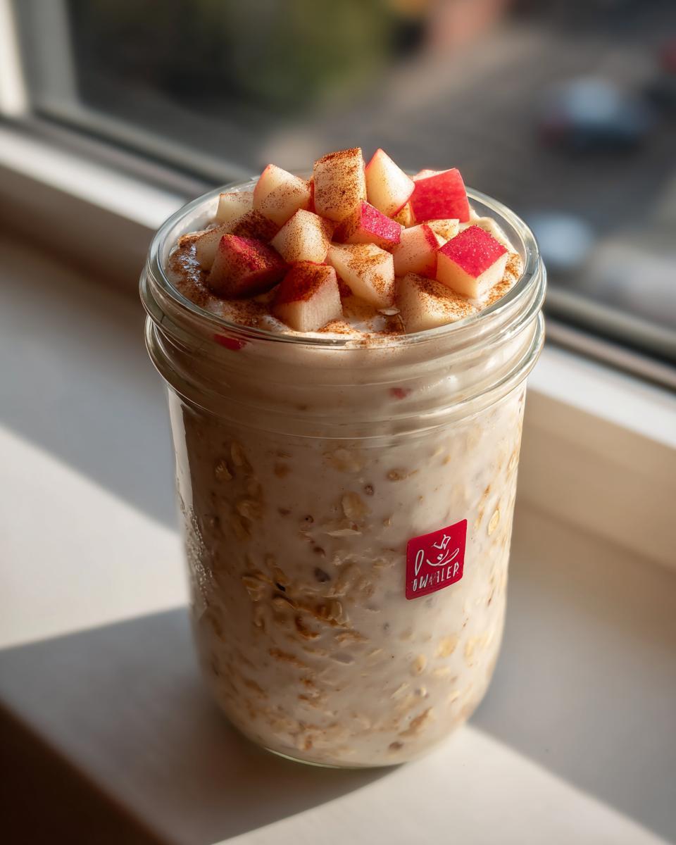 A glass jar filled with creamy apple cinnamon overnight oats, topped with diced red apples and cinnamon.