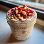 Close-up of apple cinnamon overnight oats in a mason jar, topped with diced apples, pomegranate seeds, and cinnamon.