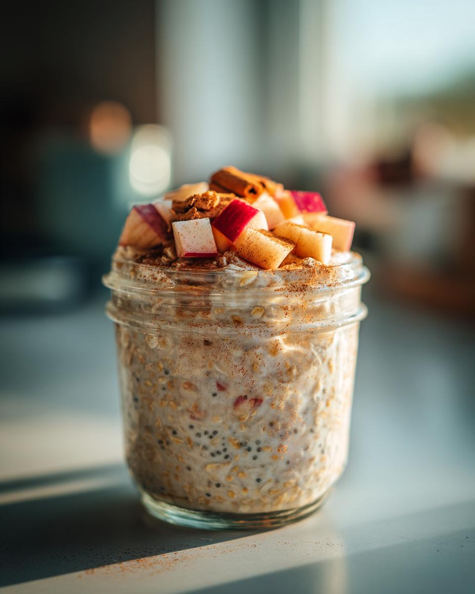 Close-up of apple cinnamon overnight oats in a glass jar, topped with diced apples and cinnamon.