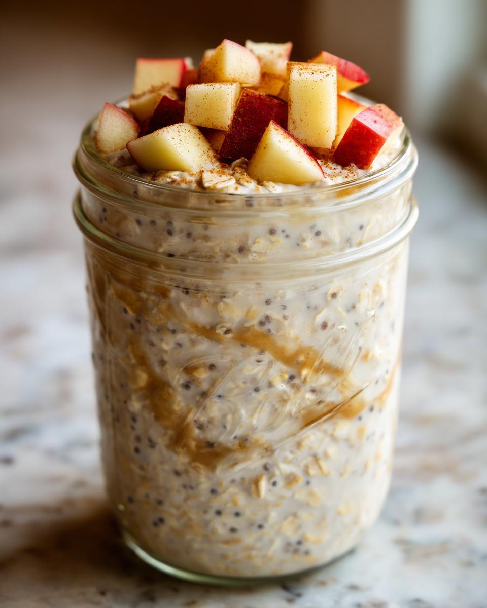 A close-up of apple cinnamon overnight oats layered in a mason jar, topped with fresh diced apples and cinnamon.