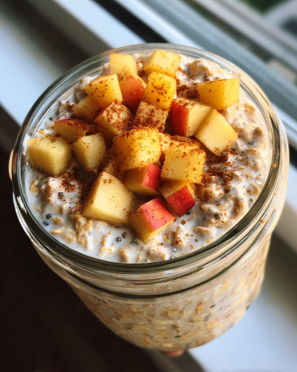 Overhead view of apple cinnamon overnight oats topped with diced apples and cinnamon in a glass jar.