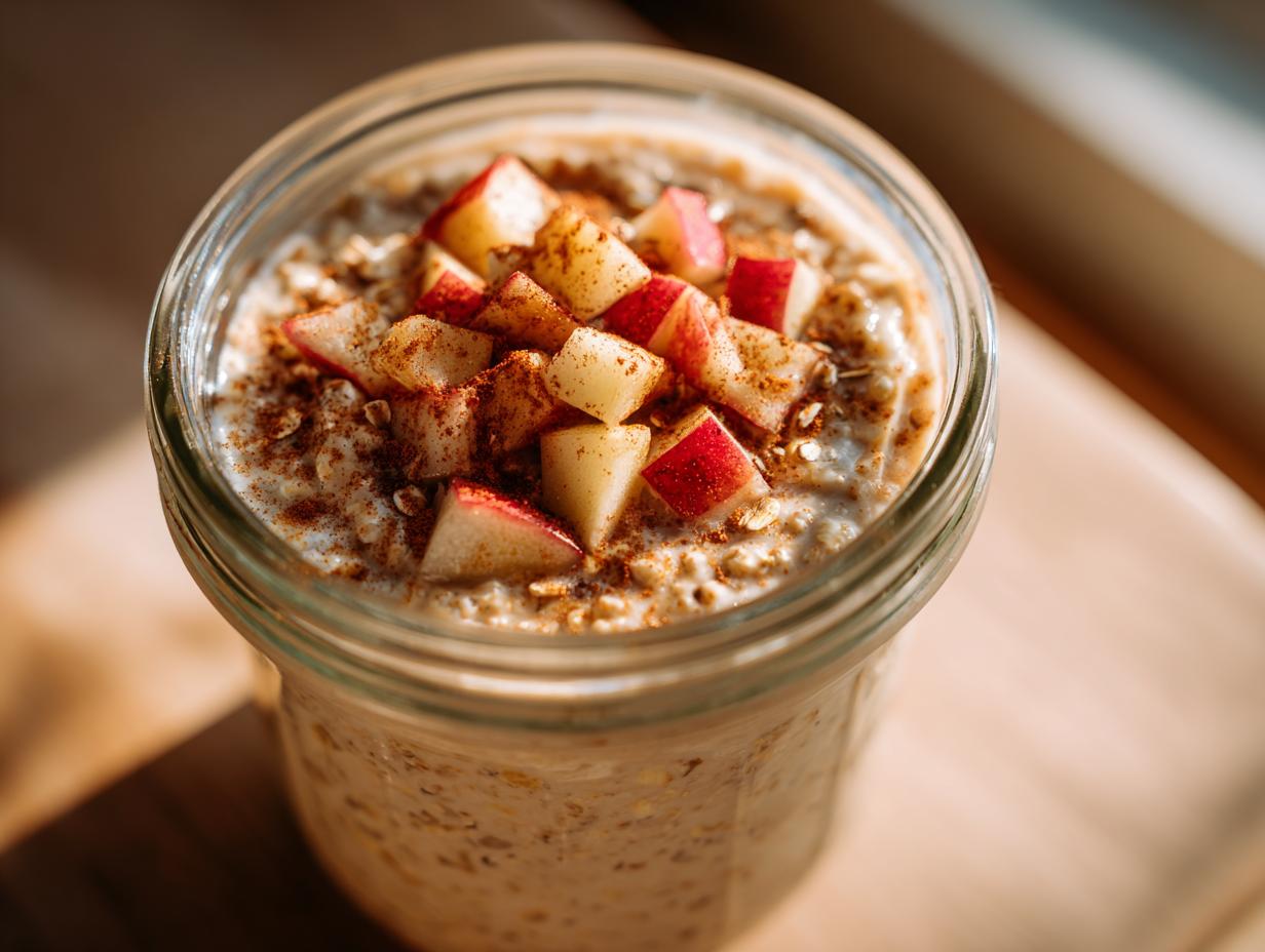 Overhead close-up of apple cinnamon overnight oats topped with diced red apples and cinnamon in a glass jar.