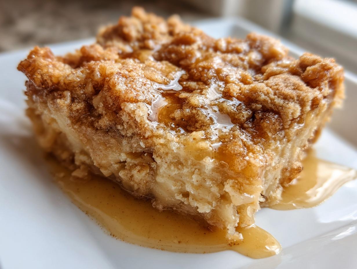 Close-up of a moist slice of apple pie dump cake topped with a crumbly streusel and drizzled with caramel sauce.