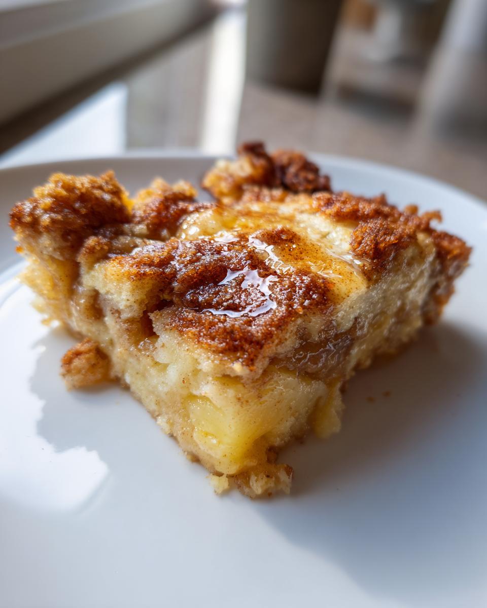 Close-up of a warm slice of apple pie dump cake with a cinnamon topping and glaze on a white plate.