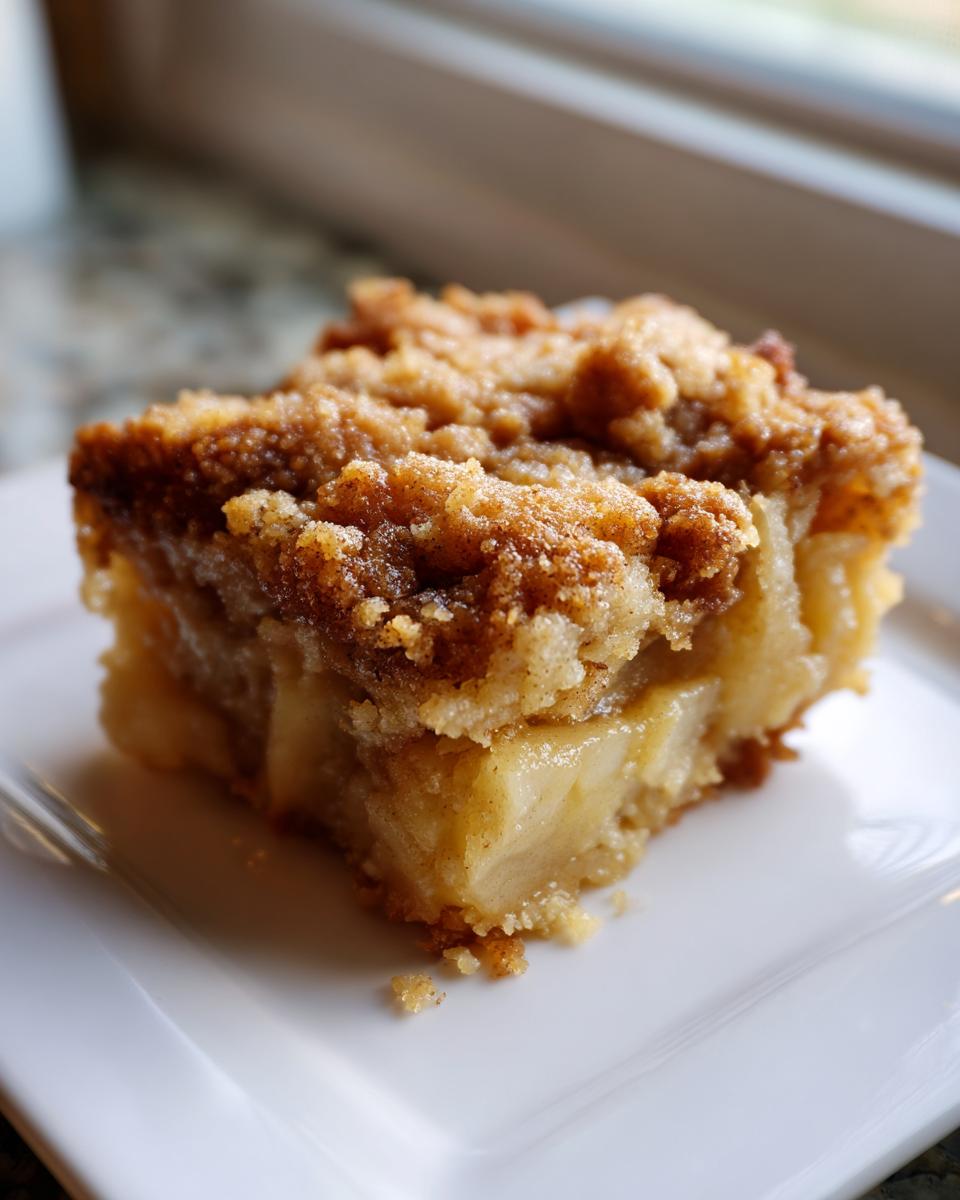 A close-up of a square slice of warm apple pie dump cake with a crumbly topping on a white plate.