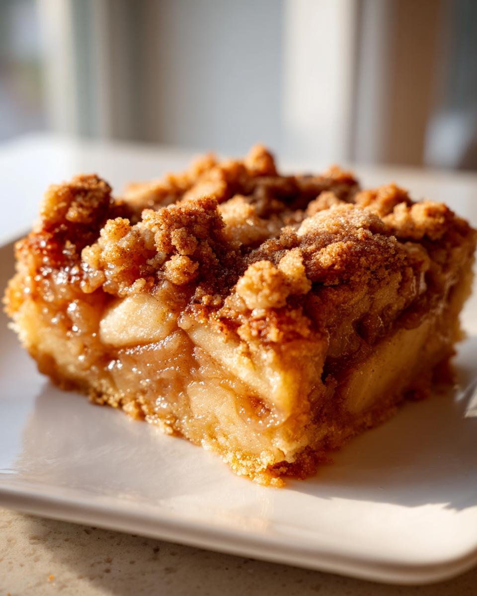 Close-up of a square slice of apple pie dump cake with gooey filling and crumb topping.