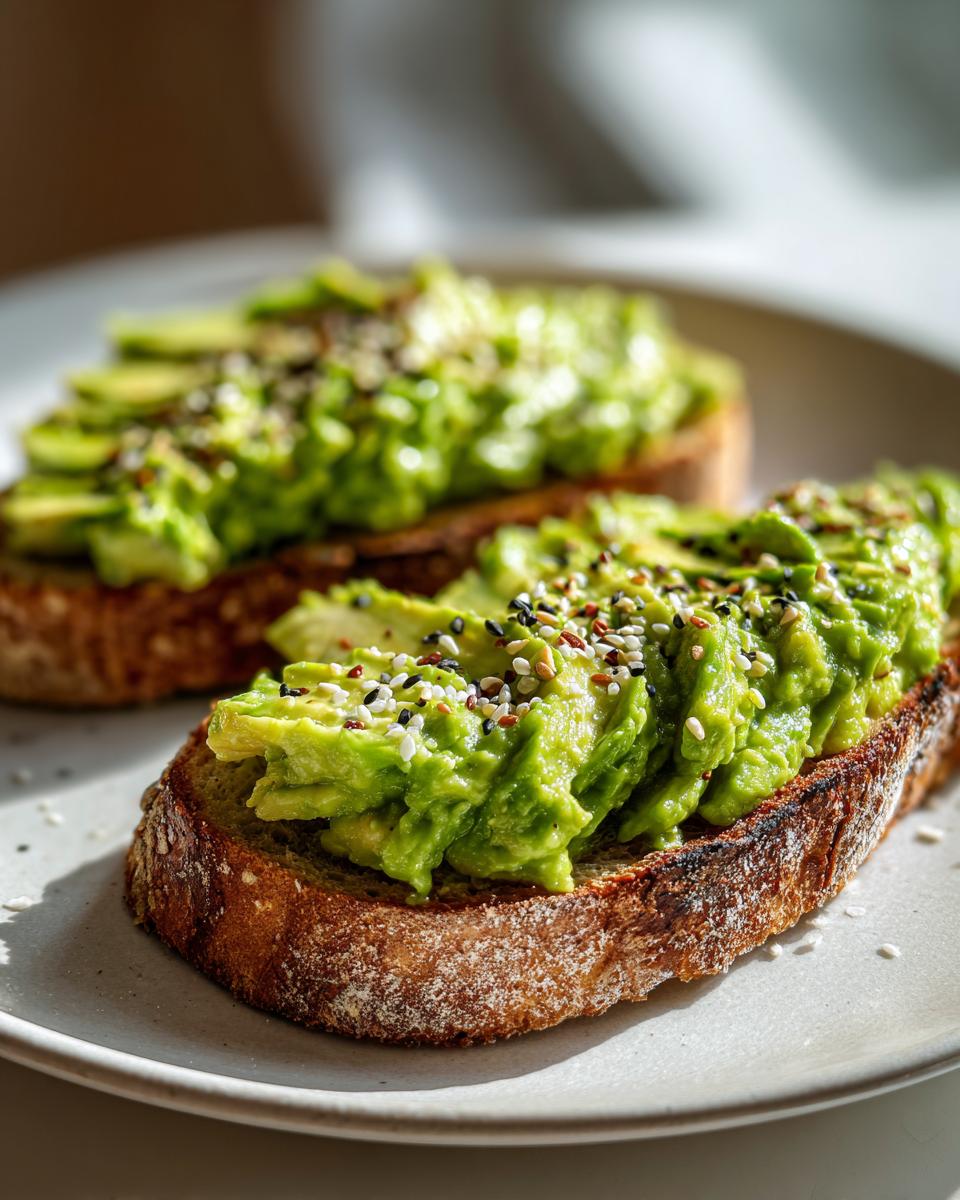 Two slices of perfectly prepared avocado toast topped with mashed avocado and everything bagel seasoning.