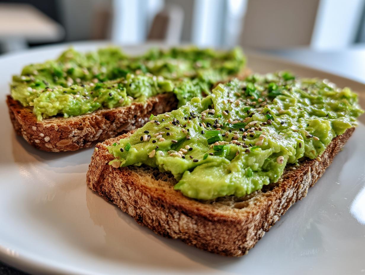 Close-up of two slices of avocado toast on whole grain bread, topped with mashed avocado, sesame seeds, and chives.