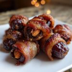 A pile of sweet and savory bacon-wrapped dates stuffed with almonds, glistening on a white plate.