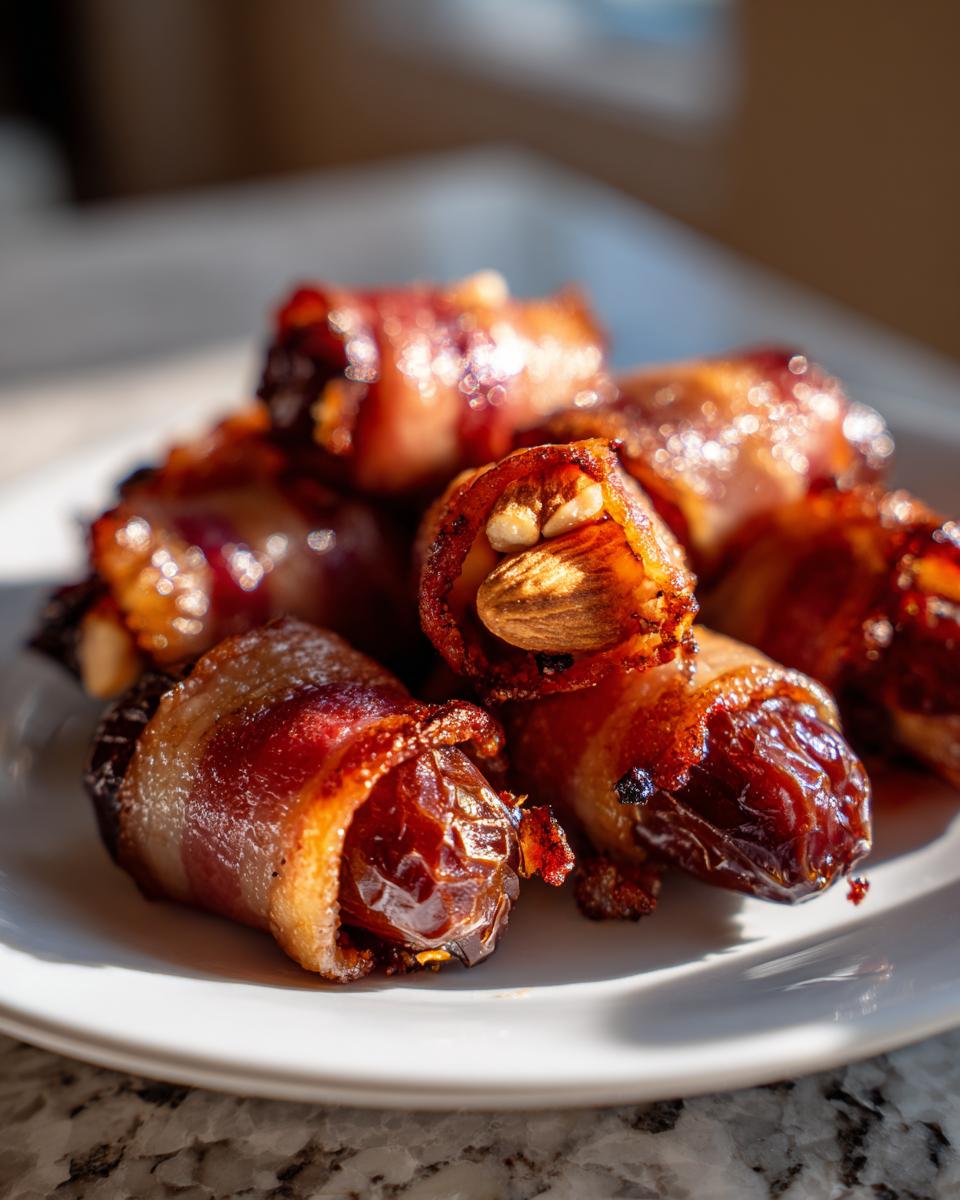 A pile of glistening, baked bacon-wrapped dates stuffed with almonds, served on a white plate.