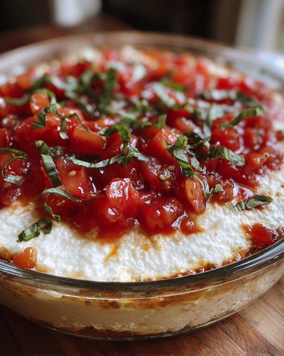 Close-up of a warm, baked bruschetta dip featuring a creamy white layer topped with chunky marinated tomatoes and fresh basil.