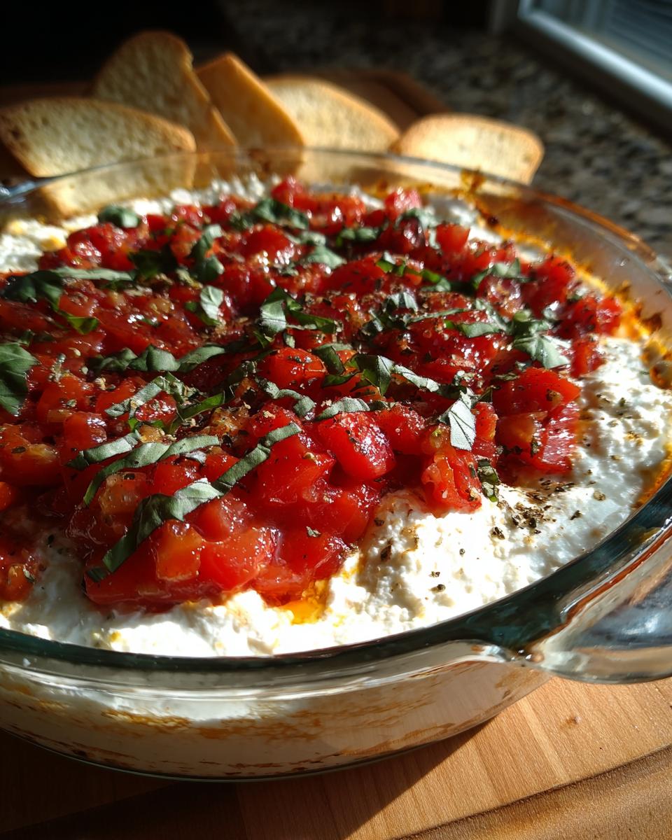 Close-up of baked bruschetta dip in a clear glass dish, topped with diced tomatoes and basil, served with toasted bread slices.