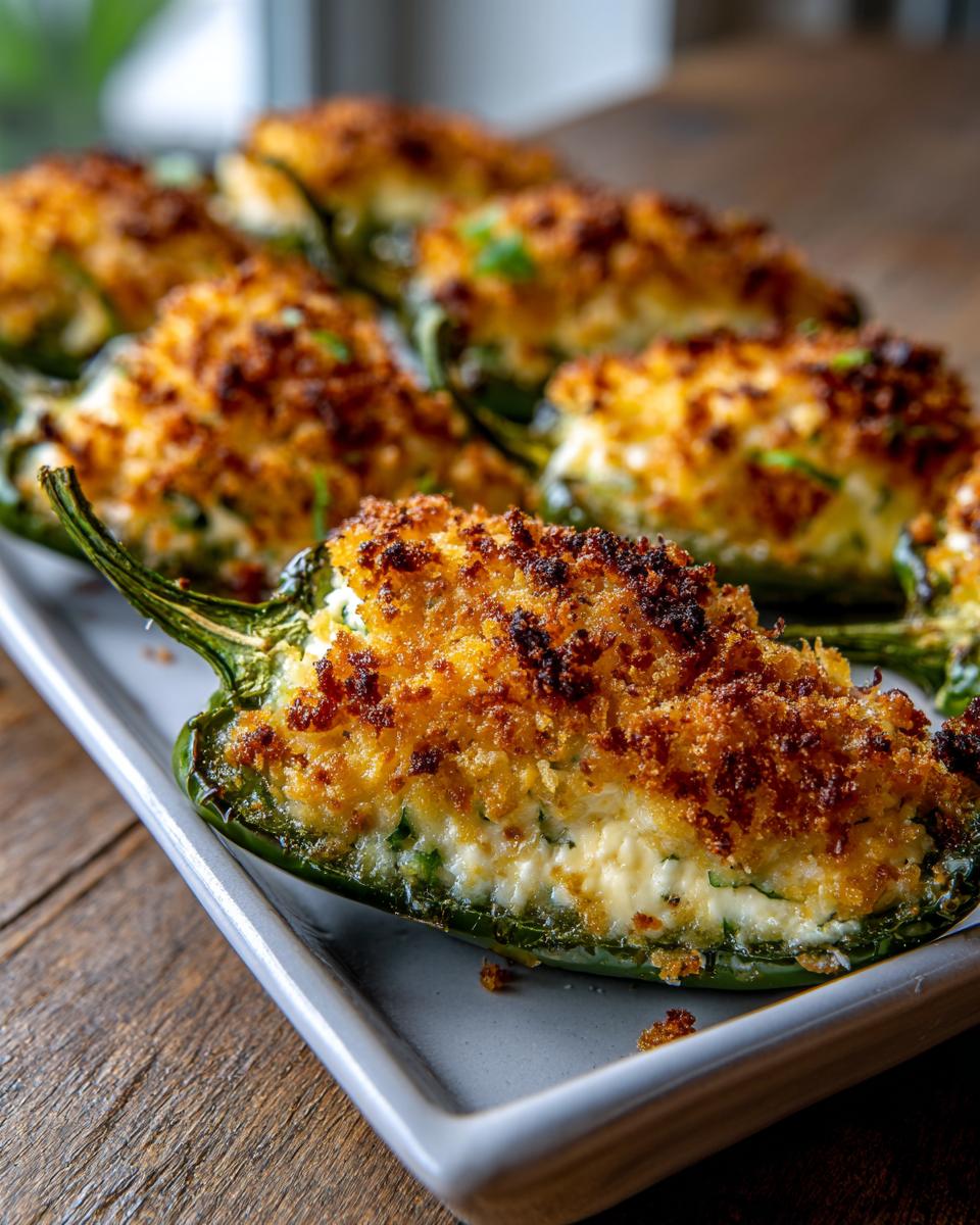 Close-up of baked jalapeño poppers stuffed with creamy filling and topped with a golden, crispy breadcrumb crust.