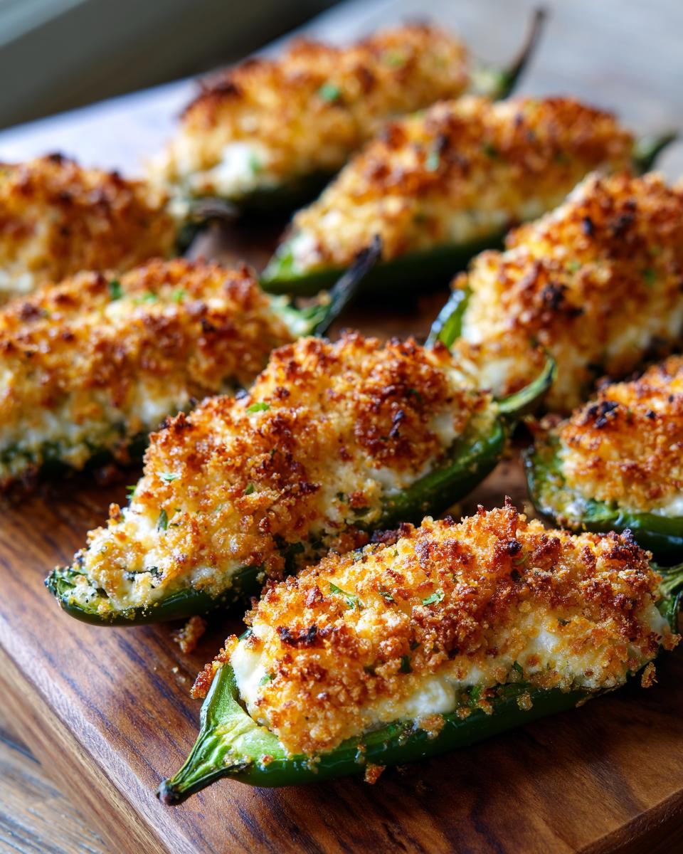 Close-up of baked jalapeño poppers stuffed with cream cheese and topped with golden brown breadcrumbs.