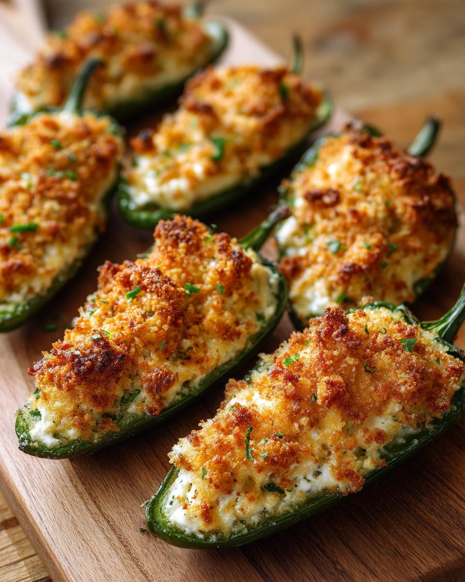 Close-up of several baked jalapeño poppers stuffed with cheese and topped with golden brown breadcrumbs.