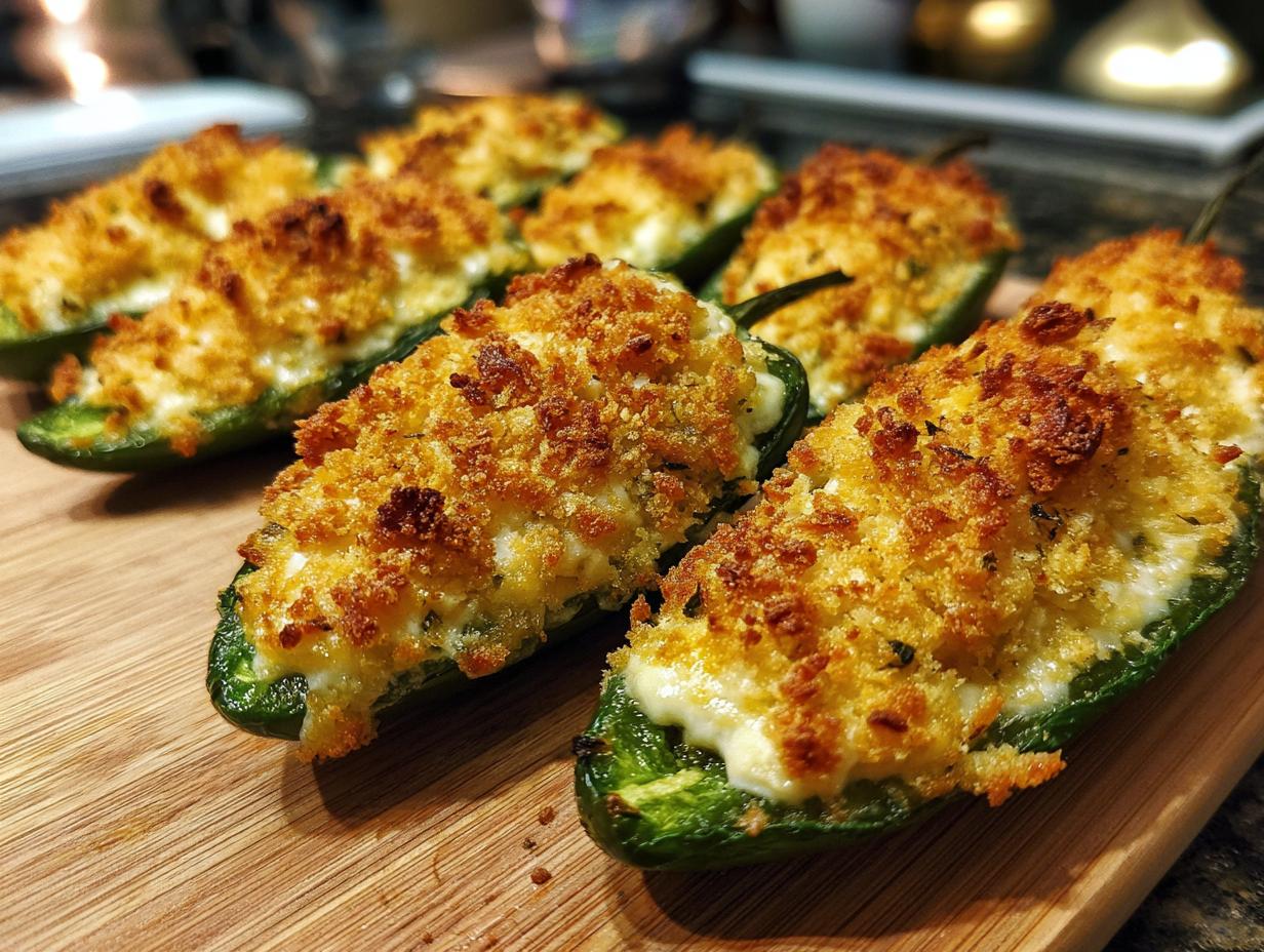 Close-up of baked jalapeño poppers stuffed with creamy filling and topped with golden, crispy breadcrumbs.