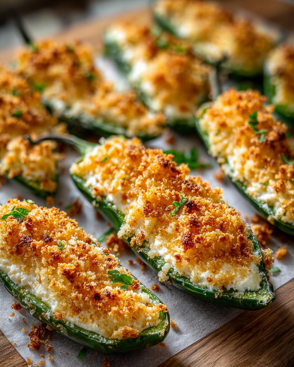 Close-up of baked jalapeño poppers stuffed with creamy filling and topped with golden, crispy breadcrumbs.