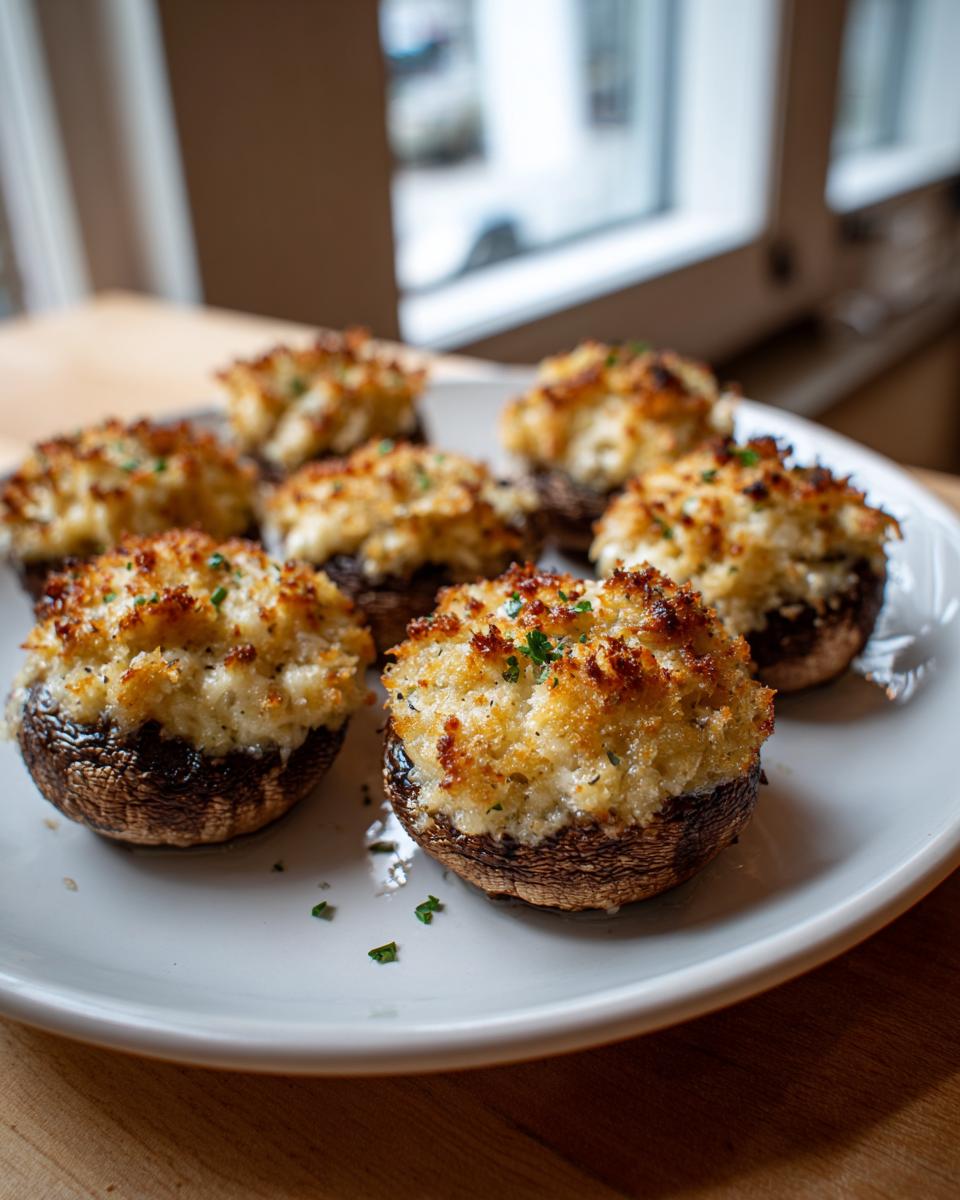 Close-up of several golden brown, baked stuffed mushrooms with a crispy topping, served on a white plate.