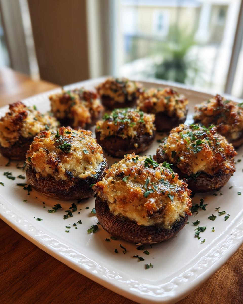 A platter of baked stuffed mushrooms topped with golden breadcrumbs and fresh parsley garnish.