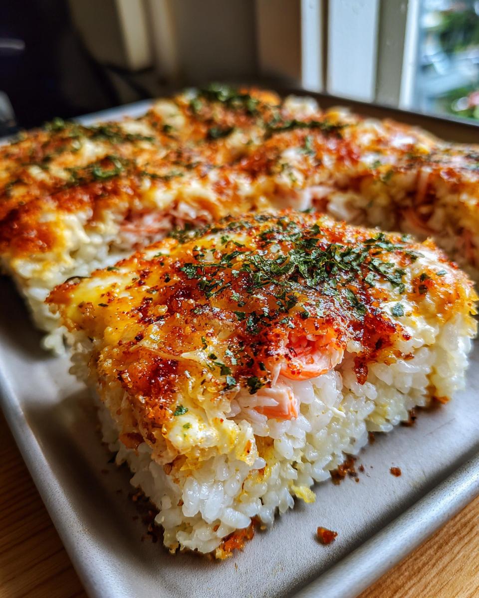 A close-up view of a square slice of baked sushi bake showing layers of rice, creamy topping, and a sprinkle of herbs.
