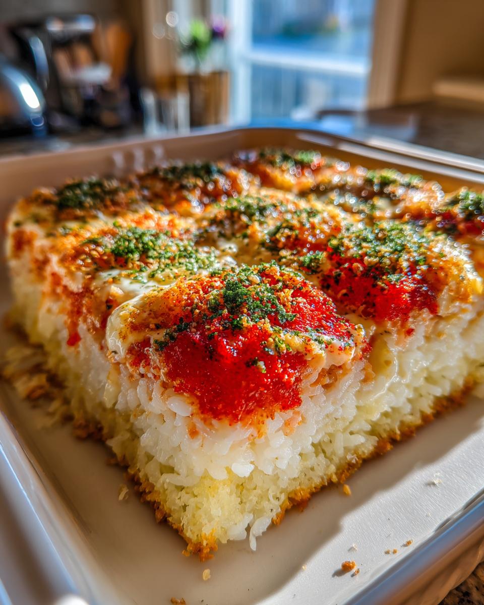 A close-up, angled shot of a square slice of baked sushi bake showing the layered rice base and creamy, red-topped surface.