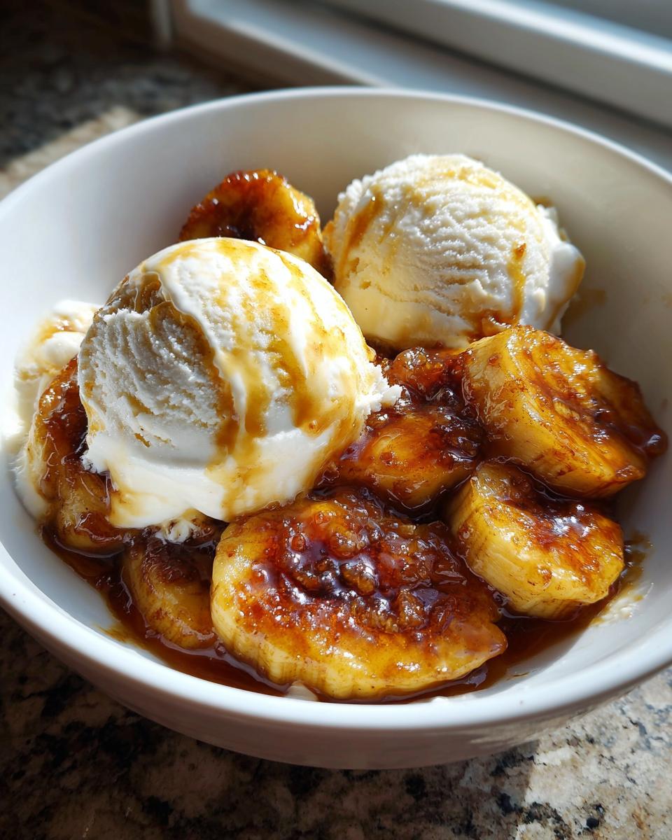Two scoops of vanilla ice cream topping caramelized bananas in rich sauce, a perfect serving of Bananas Foster.