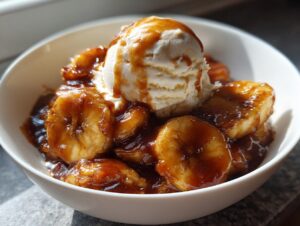 A white bowl filled with warm, caramelized bananas in sauce, topped with a scoop of vanilla ice cream, ready for enjoying bananas foster.