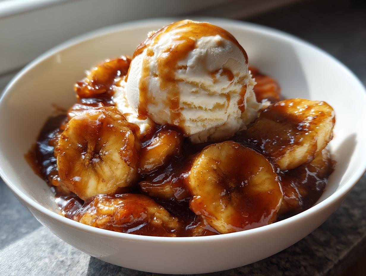 A white bowl filled with warm, caramelized bananas in sauce, topped with a scoop of vanilla ice cream, ready for enjoying bananas foster.