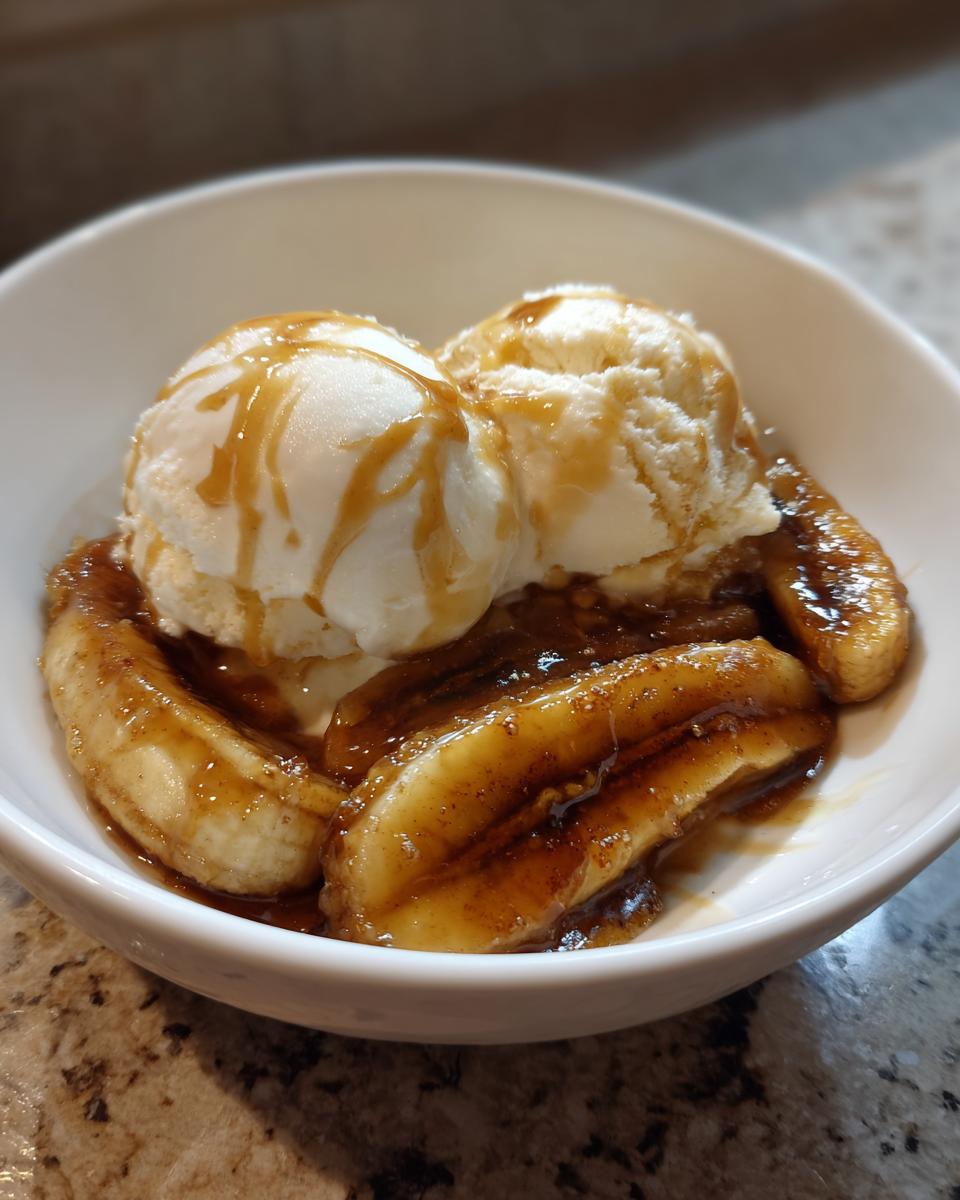 Two scoops of vanilla ice cream drizzled with caramel sauce over warm Bananas Foster in a white bowl.