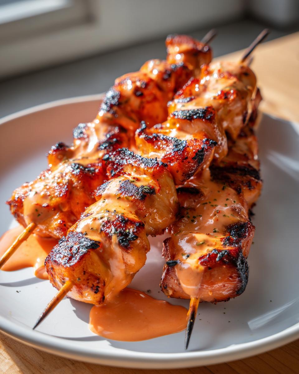 Close-up of grilled bang bang chicken skewers drizzled generously with orange-hued sauce on a white plate.